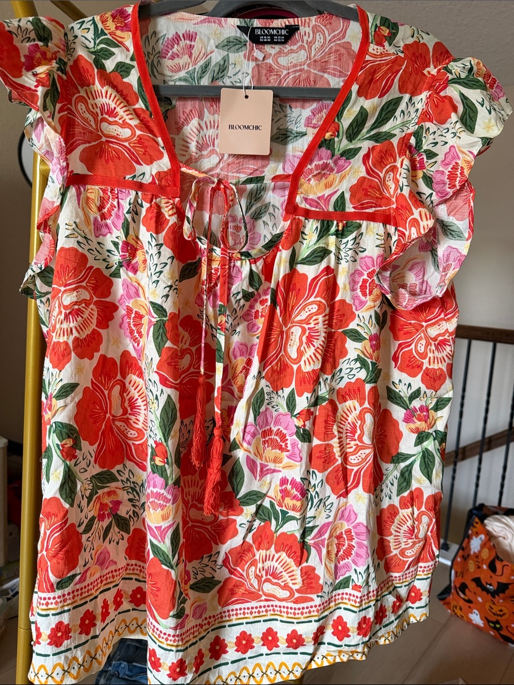 BloomChic Coral, Pink & Green Floral Ruffle Tie-Neck Tunic